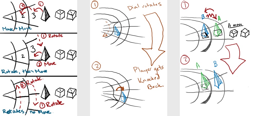 sketches depicting some moves and instructions in the clockworks board game