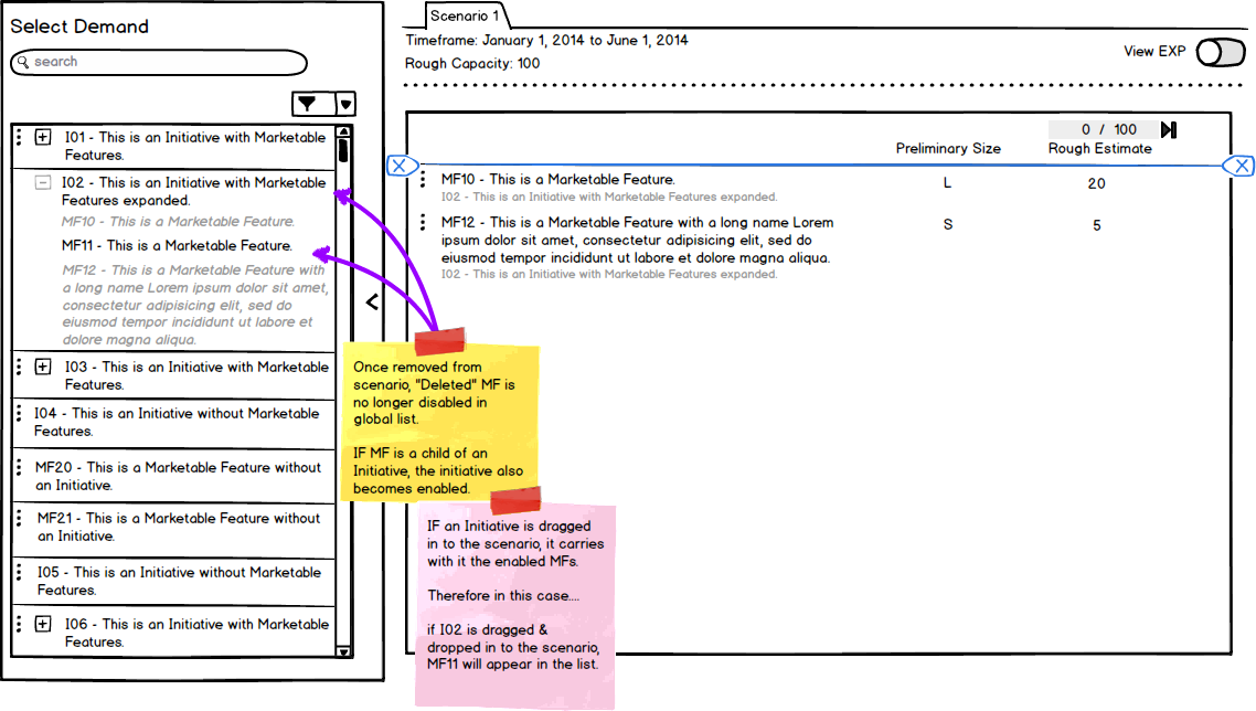 balsamiq sketch of splitting demand in a scenario