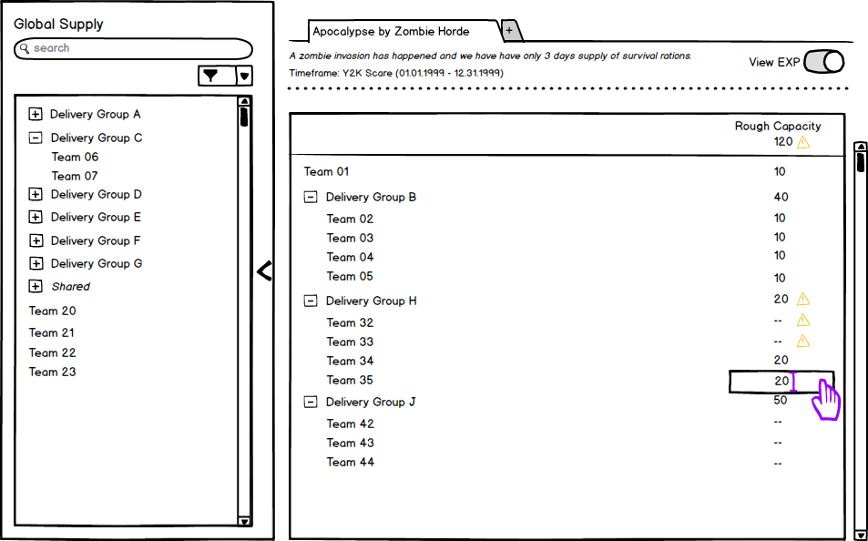 balsamiq sketch of defining resources for a scenario