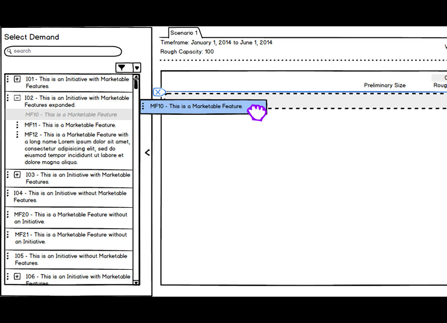 balsamiq sketch of adding demand to a scenario