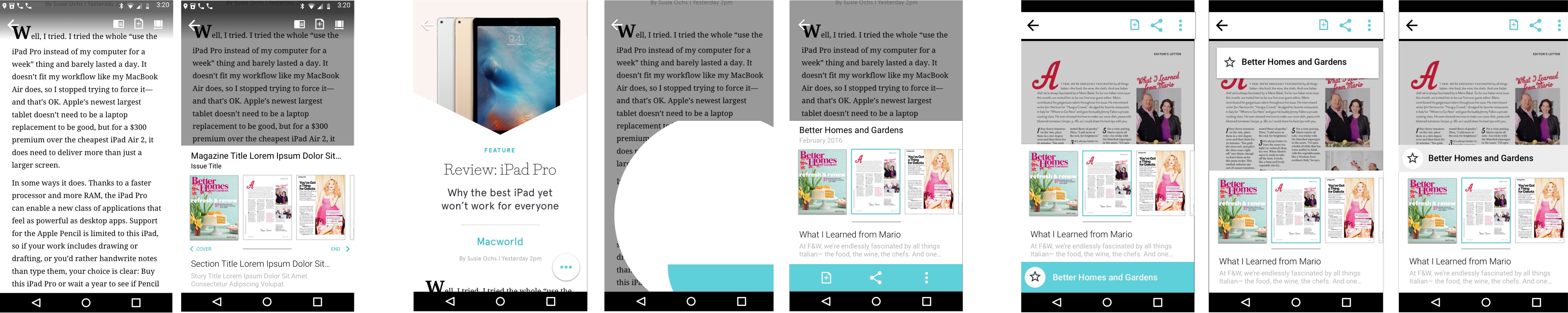 series of 8 frames showing concept UI of a mobile-based magazine navigation