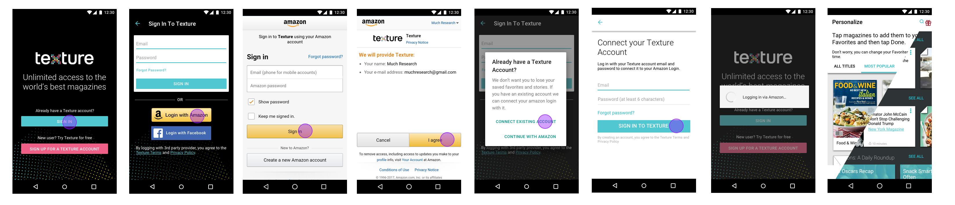 user flow showing how a pre-existing Texture user would login with their Amazon account.