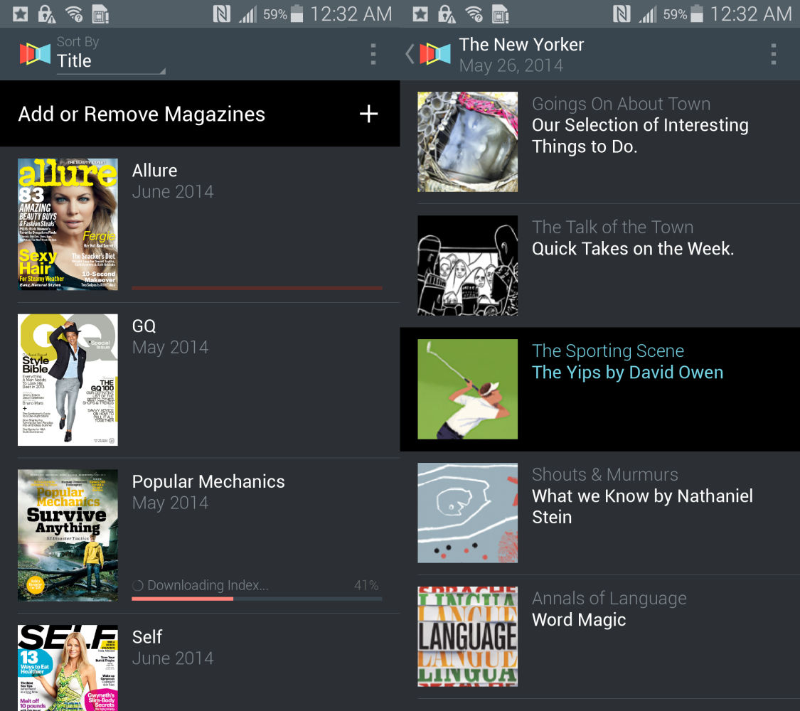 Version 1 with an overflow menu and flat list of magazines only