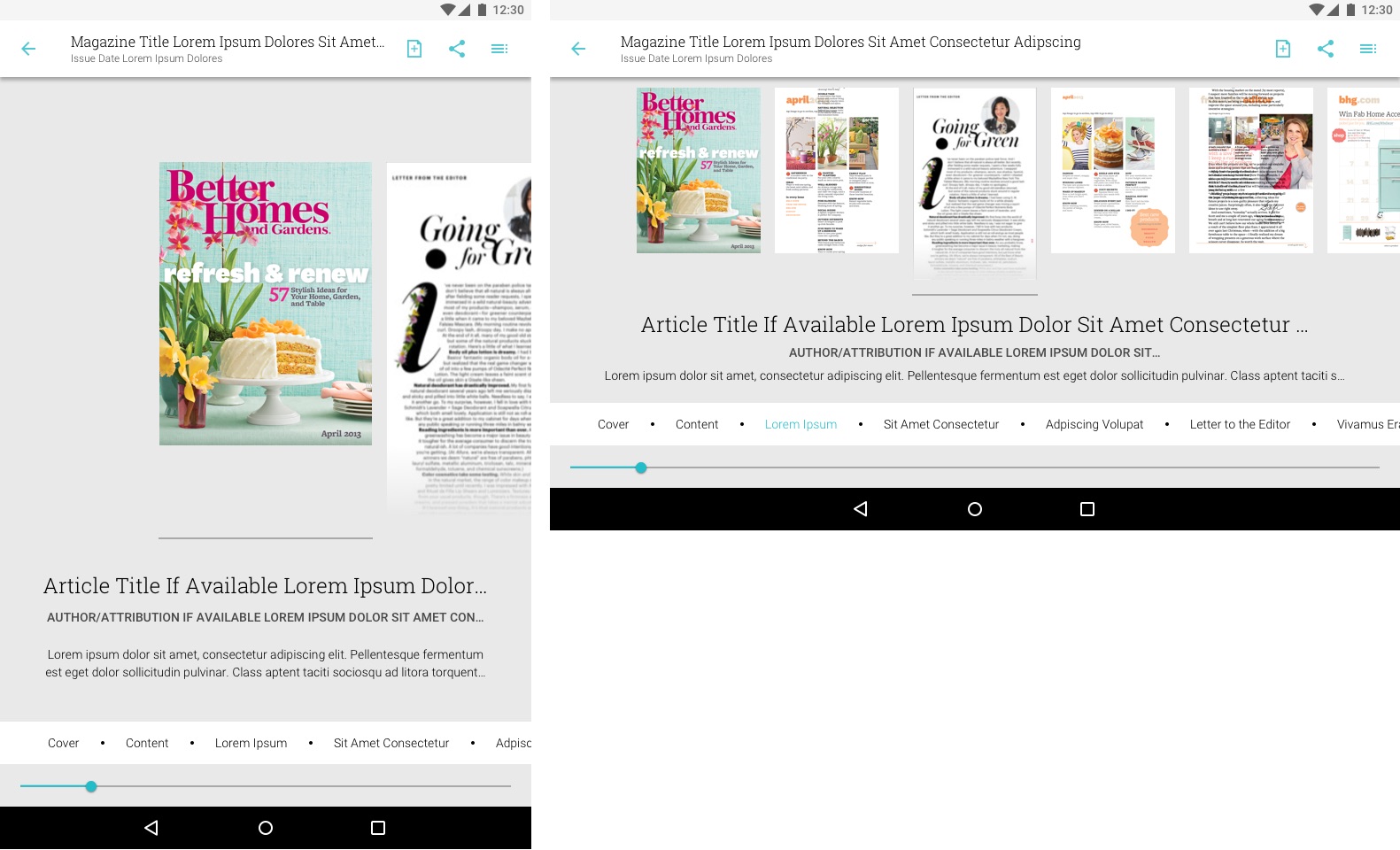 tablet portrait and landscape views of the page navigation on Texture's android experience that got released