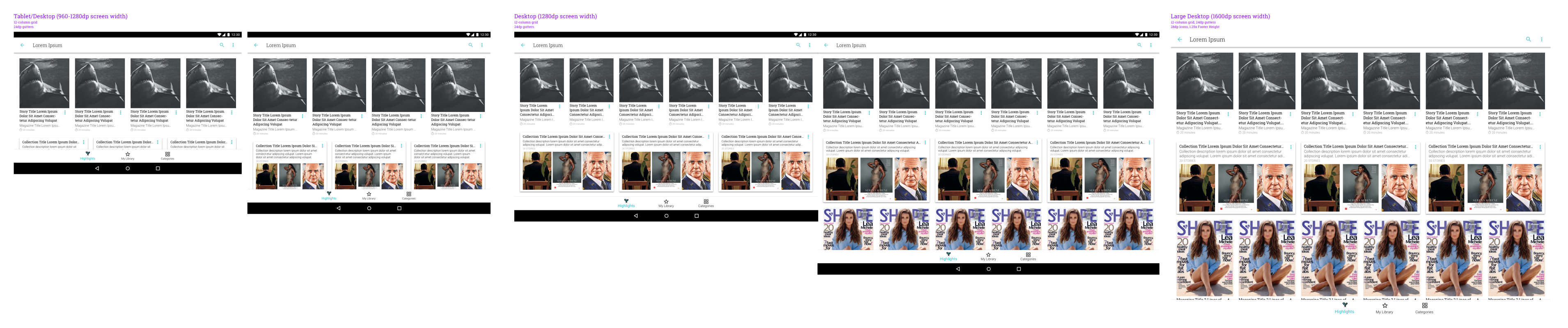 Example content layout per common screen size starting with smallest tablet landscape to large chromebook dimensions