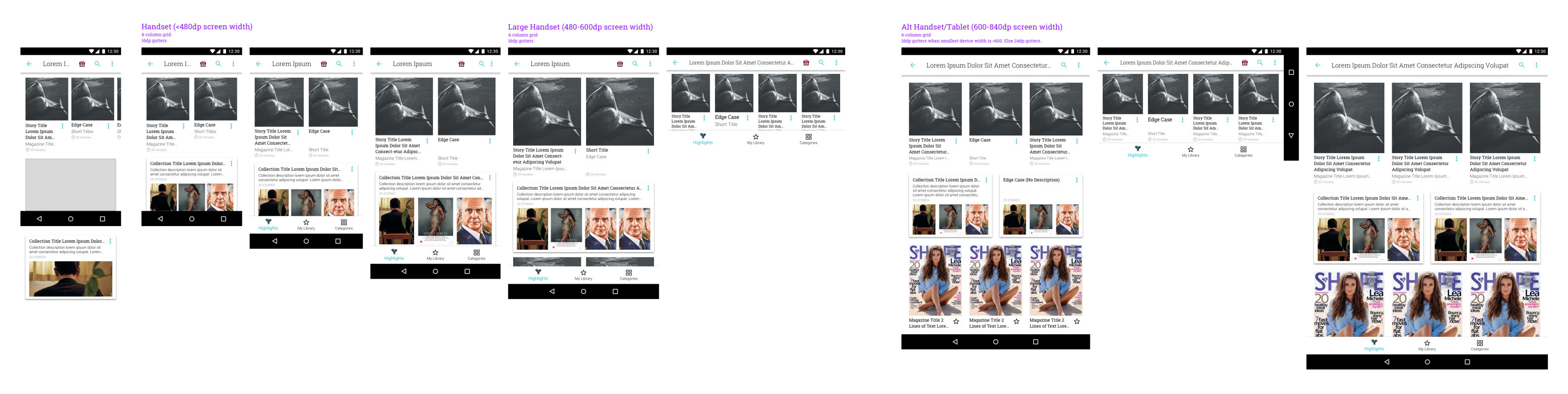 Example content layout per common screen size starting with smallest mobile phone to mid-size tablet