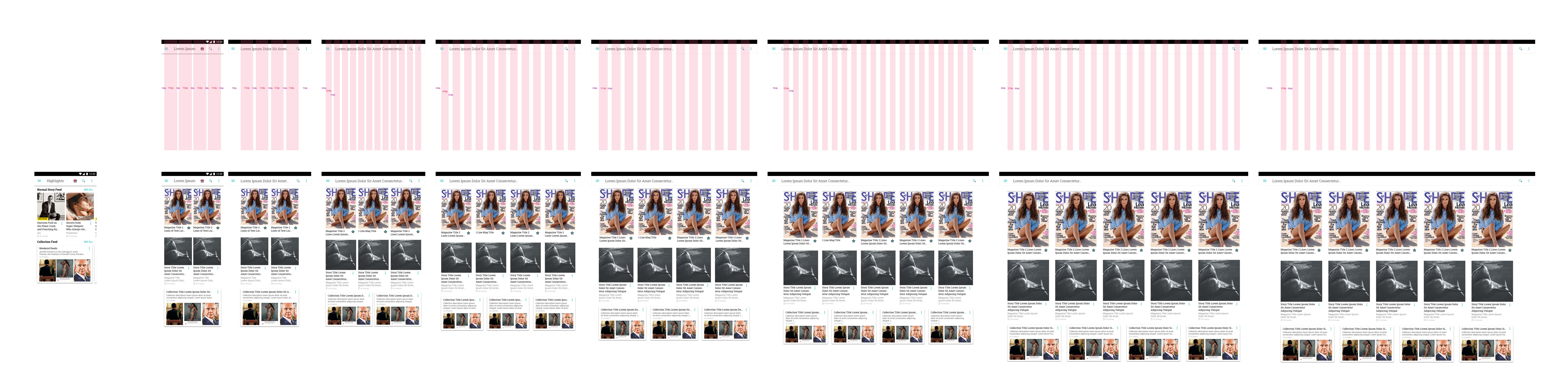 Grid columns mocked in pink with respective example content cells laid out below