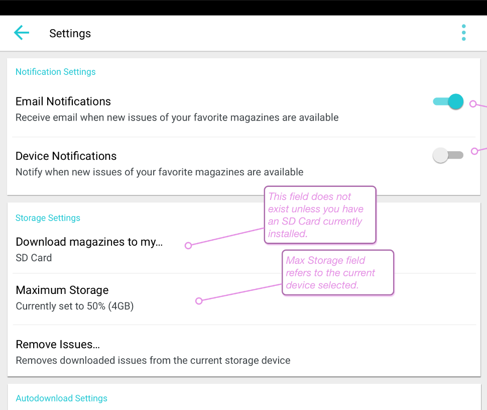 Storage section of settings with SD card selected