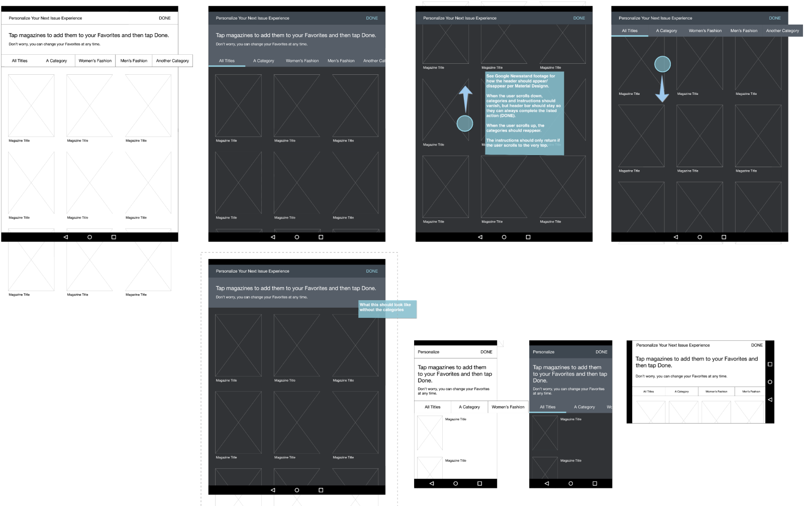 screenshot of wireframe mocks delivered for page-refresh interaction