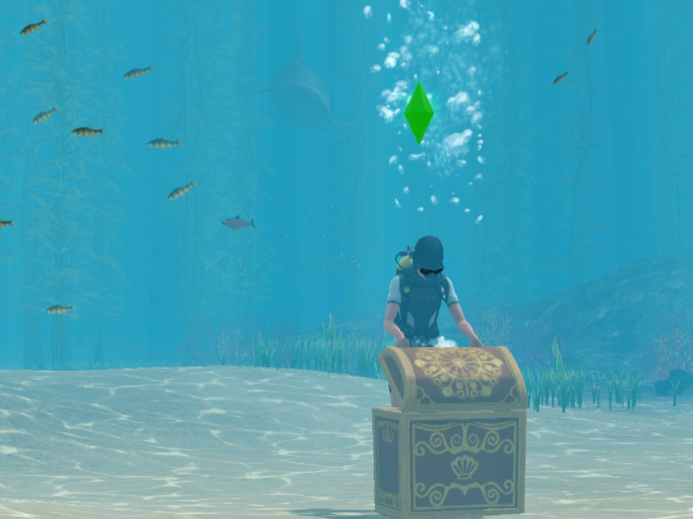 screenshot of an in-game Sim opening a treasure chest underwater